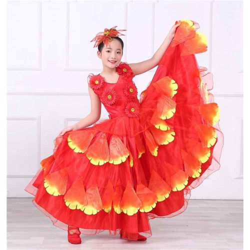 Flowers pink red blue yellow petals bloom flamenco dance dresses for girls kids opening dance paso double spanish bull dance swing skirts for children